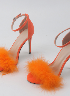 现货 特价 欧美时尚T台走秀款橙色毛毛露趾细跟高跟后包扣带凉鞋