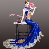 2023春秋季 公司年会走秀演出晚礼服修身 复古旗袍连衣裙女晚会主持