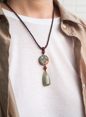 独家设计高古春秋和田玉龙纹绞丝文化期水滴型玉坠手编绳古珠项链