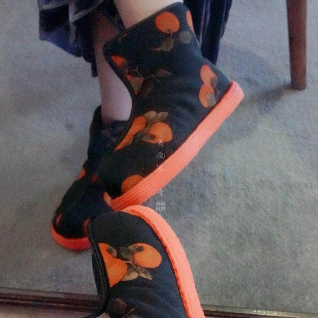 冬重工纯羊毛一体棉窝窝靴款 青囍原创柿柿如意 手工千层纳底布鞋