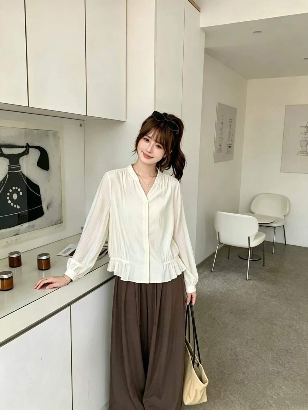 早春气质v领设计宽松显瘦衬衫简衬衫