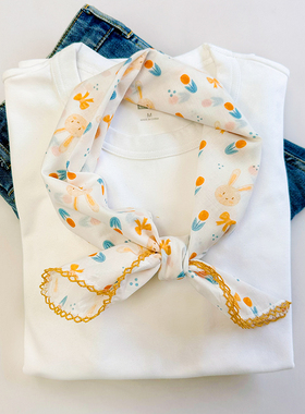 可爱小兔子勾花花边棉质小方巾纯棉包头拍照方丝巾亲子显嫩透气女