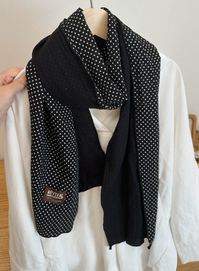 韩版复古时尚纯棉围巾黑色波点印花高级感双面丝巾女围脖搭配领巾