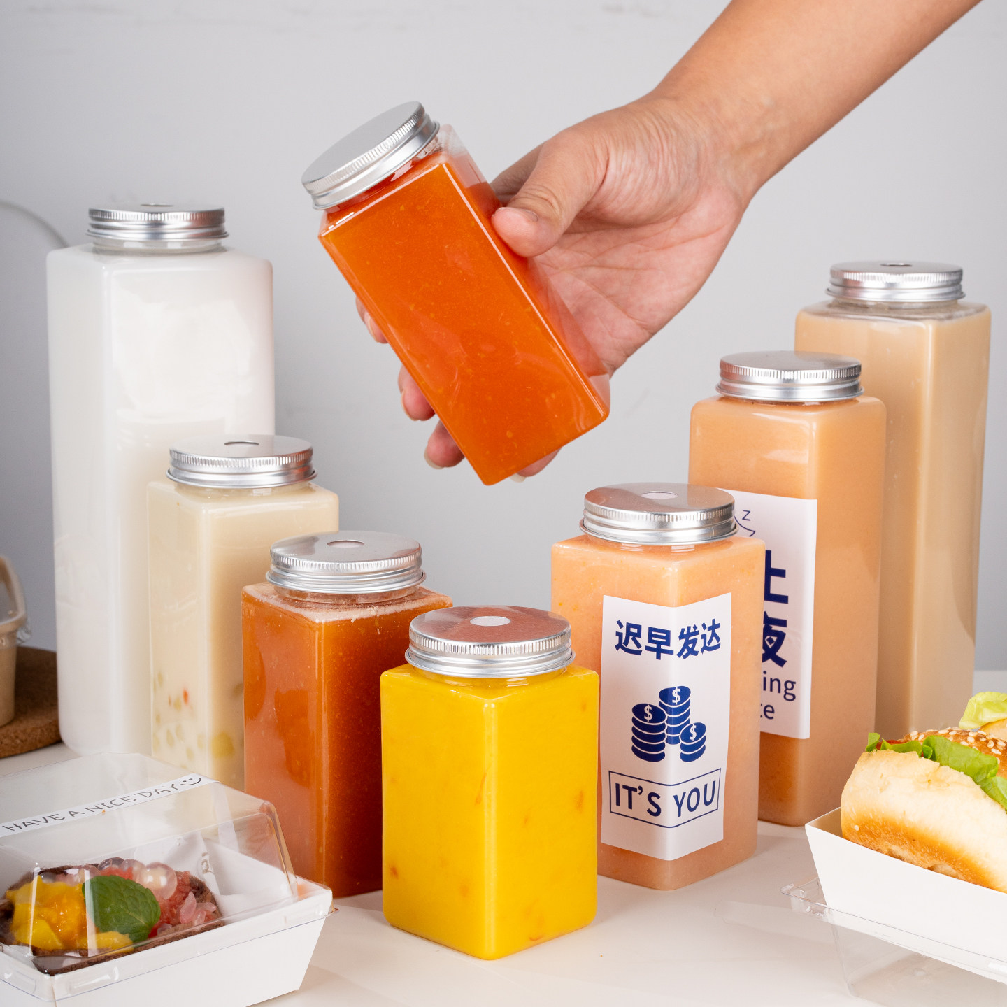250ml-1000ml方形一次性咖啡杯奶茶杯带盖透明吸管密封外卖塑料瓶