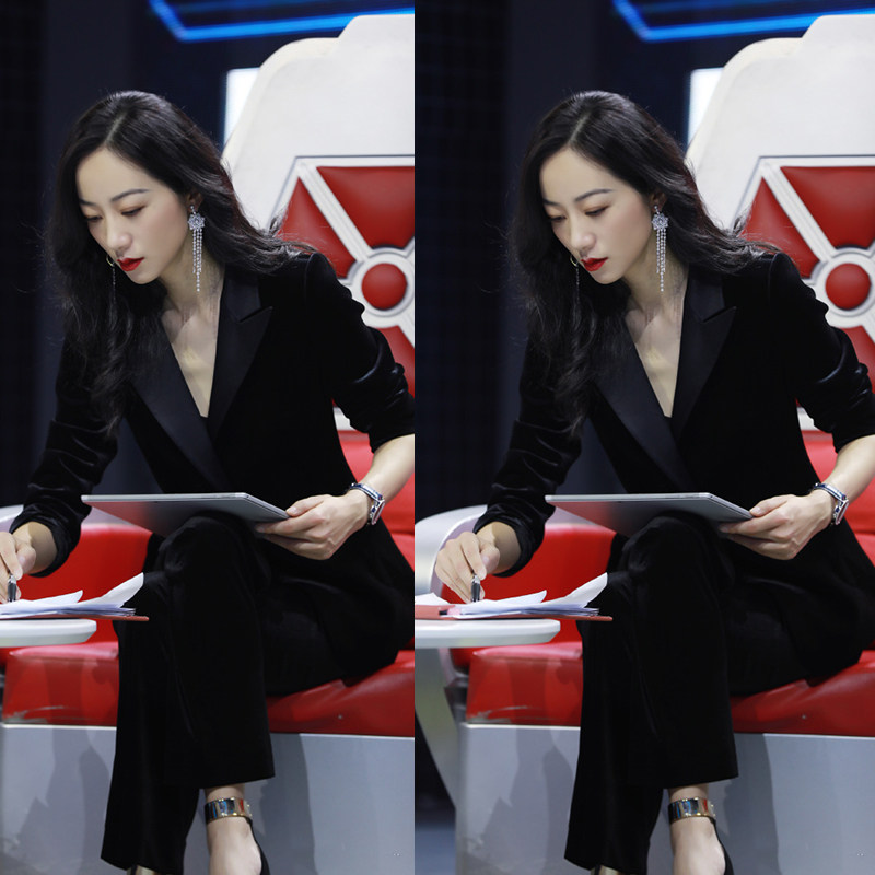 新款西装套装韩版时尚气质职业黑色金丝绒外套女西服两件套喇叭裤