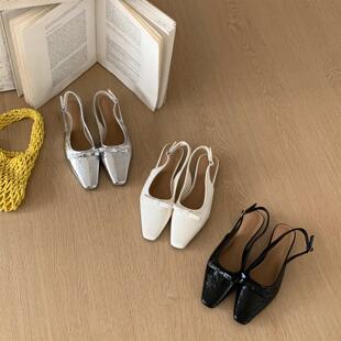 半拖鞋 坡跟真皮后空单鞋 女2026春夏新款 温柔风方头蝴蝶结包头凉鞋