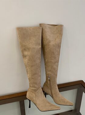 韩版尖头绒面过膝长靴女冬