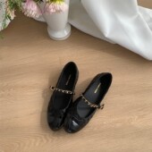 一字带小皮鞋 黑色真皮玛丽珍鞋 单鞋 百搭通勤鞋 女平底链条装 饰法式