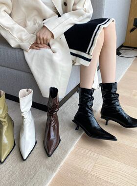 法式尖头褶皱堆靴女秋冬低