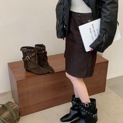 欧美风铆钉皮带扣短靴女冬
