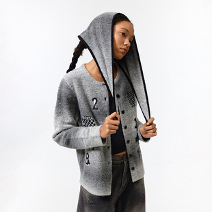 外套 CONP 复古渐变灰撞色单排扣开衫 数字毛衣 中性 24AW