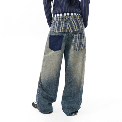 格子拼接牛仔复古洗水baggyCONP