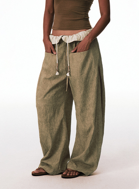 CONP 25SS 泡泡格肌理药染拼接翻边抽绳立体弯刀宽松长裤