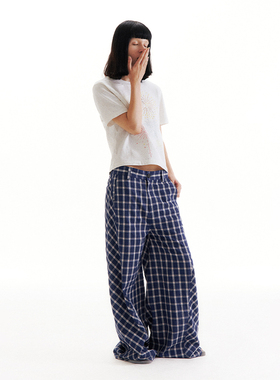 CONP 24SS 泡泡格纹斜裁宽松阔腿扭扭裤 拼接复古拖地裤 中性