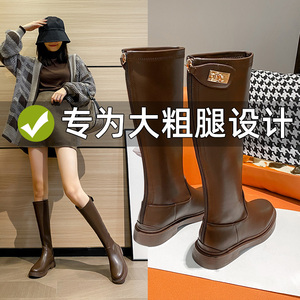棕色长靴女粗腿胖mm大筒围女靴子不过膝骑士靴女大码长筒靴41-43