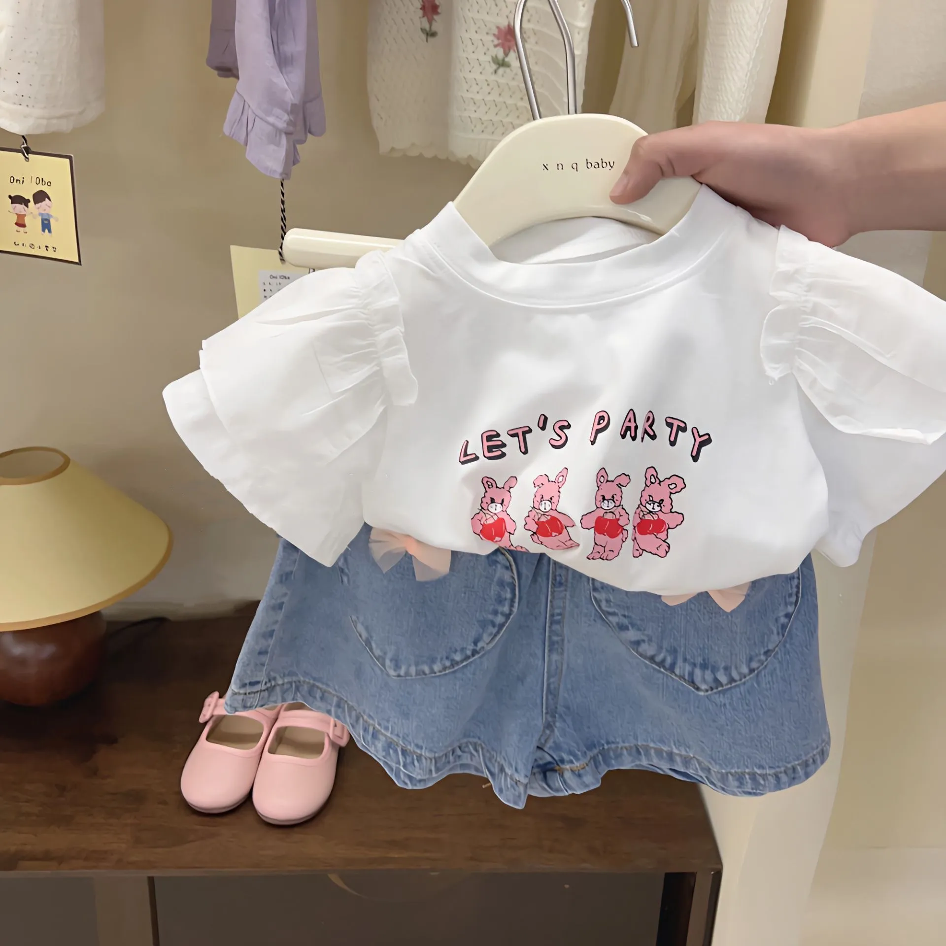 女童短袖套装2025夏季新款洋气时髦女宝宝牛仔短裤两件套儿童夏装