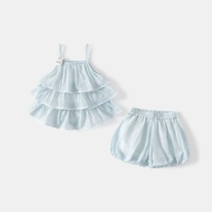 子夏季 2025新款 女童夏季 洋氣時(shí)髦寶寶吊帶上衣褲 波點(diǎn)夏裝 套裝 童裝