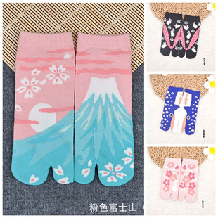日式 袜女士纯棉袜子短筒船提花 和风二趾袜两指分趾夹脚足袋猪蹄鞋