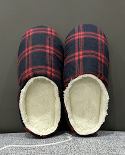 日单新款男士冬季保暖复古格子加绒棉拖鞋木地板加厚静音布底棉鞋