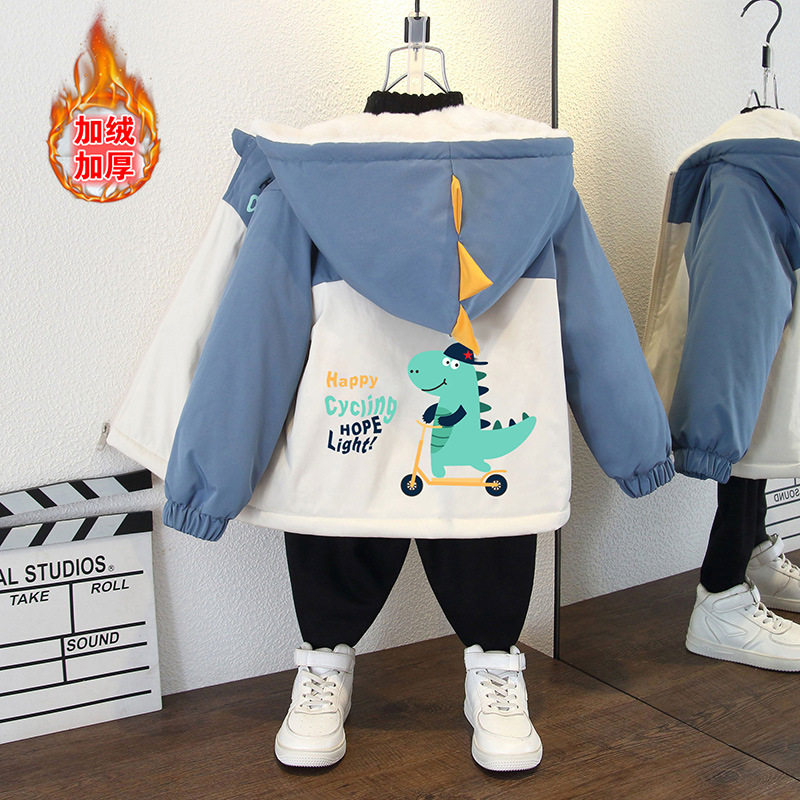 男童棉服外套加绒加厚2025新款秋冬款派克服潮恐龙衣男孩保暖棉袄