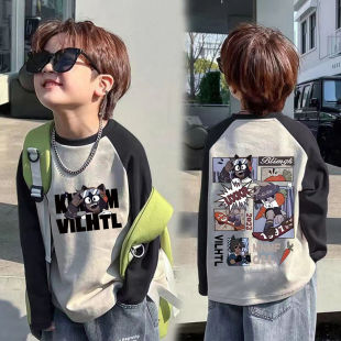 中大童卡通帅气拼接休闲百搭上衣 新款 儿童100%纯棉长袖 t恤春秋季