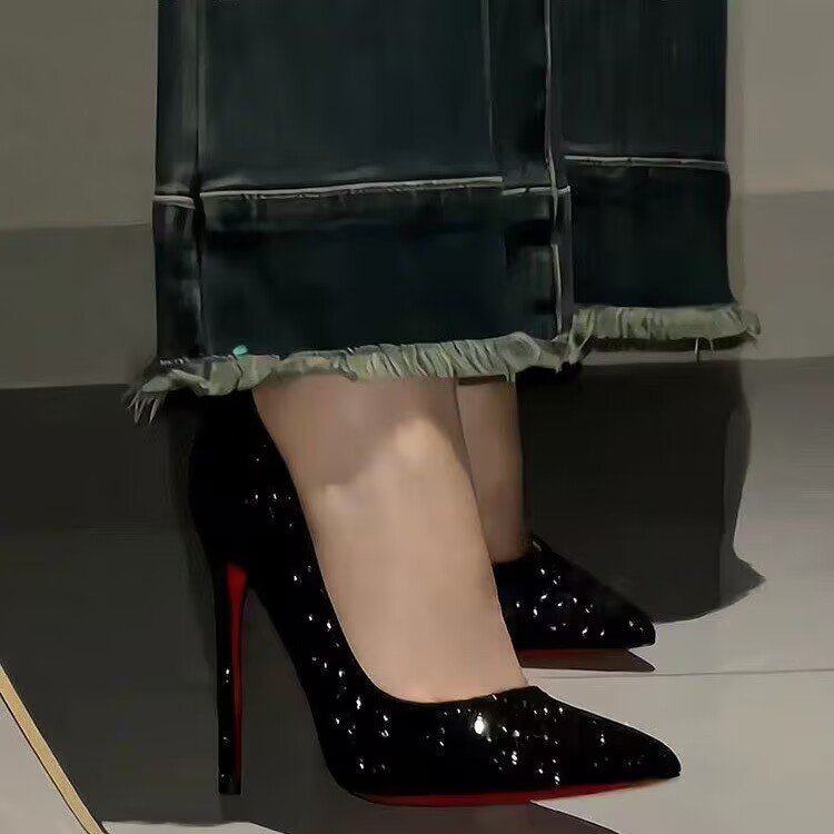 黑色红底高跟鞋女细跟春