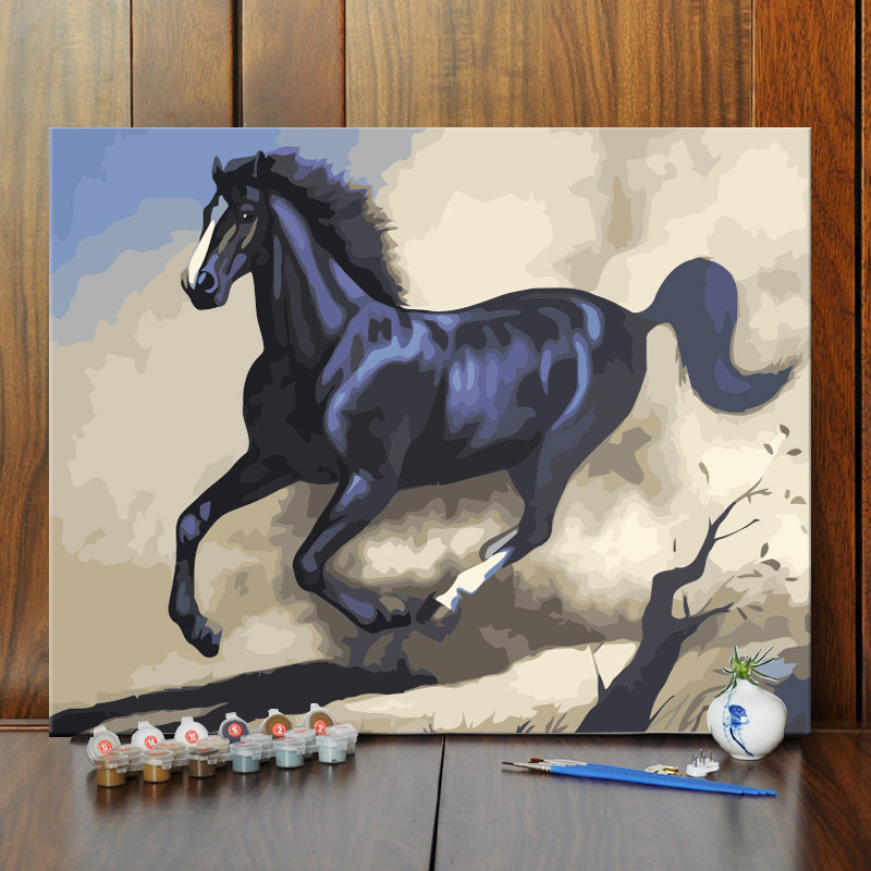 diy/数字油彩画动物黑色飞驰骏马手绘填色客厅卧室书房装饰画挂画