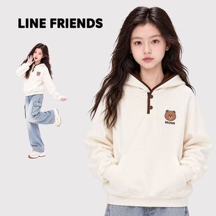 LINE FRIENDS女童卫衣中大童装带帽中长款纯色