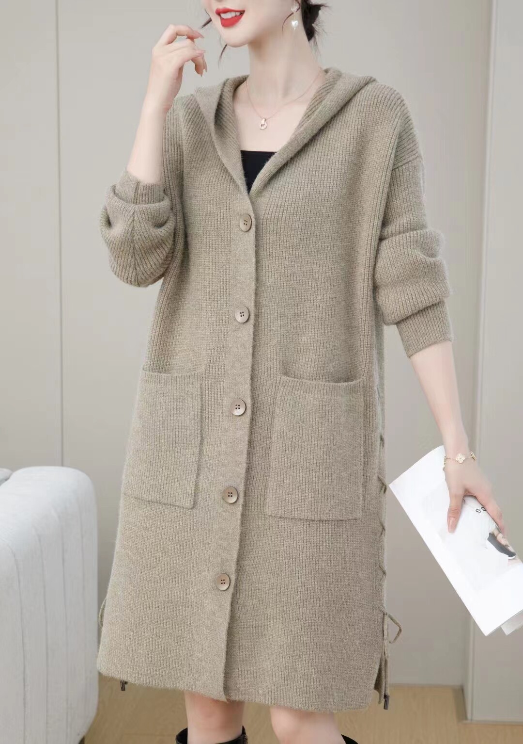 2023秋冬新款加厚羊毛针织外套女中长款宽松显瘦连帽口袋休闲大衣