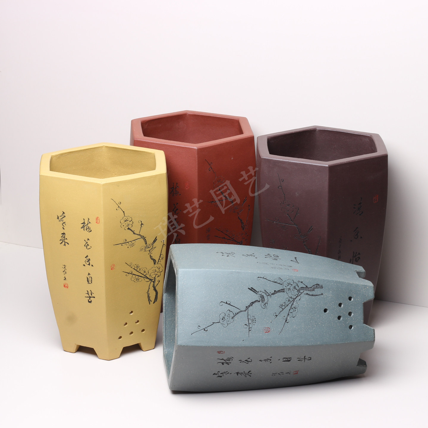 紫砂兰花盆室内桌面六方直口签筒园艺绿植花卉盆栽红泥透气古典