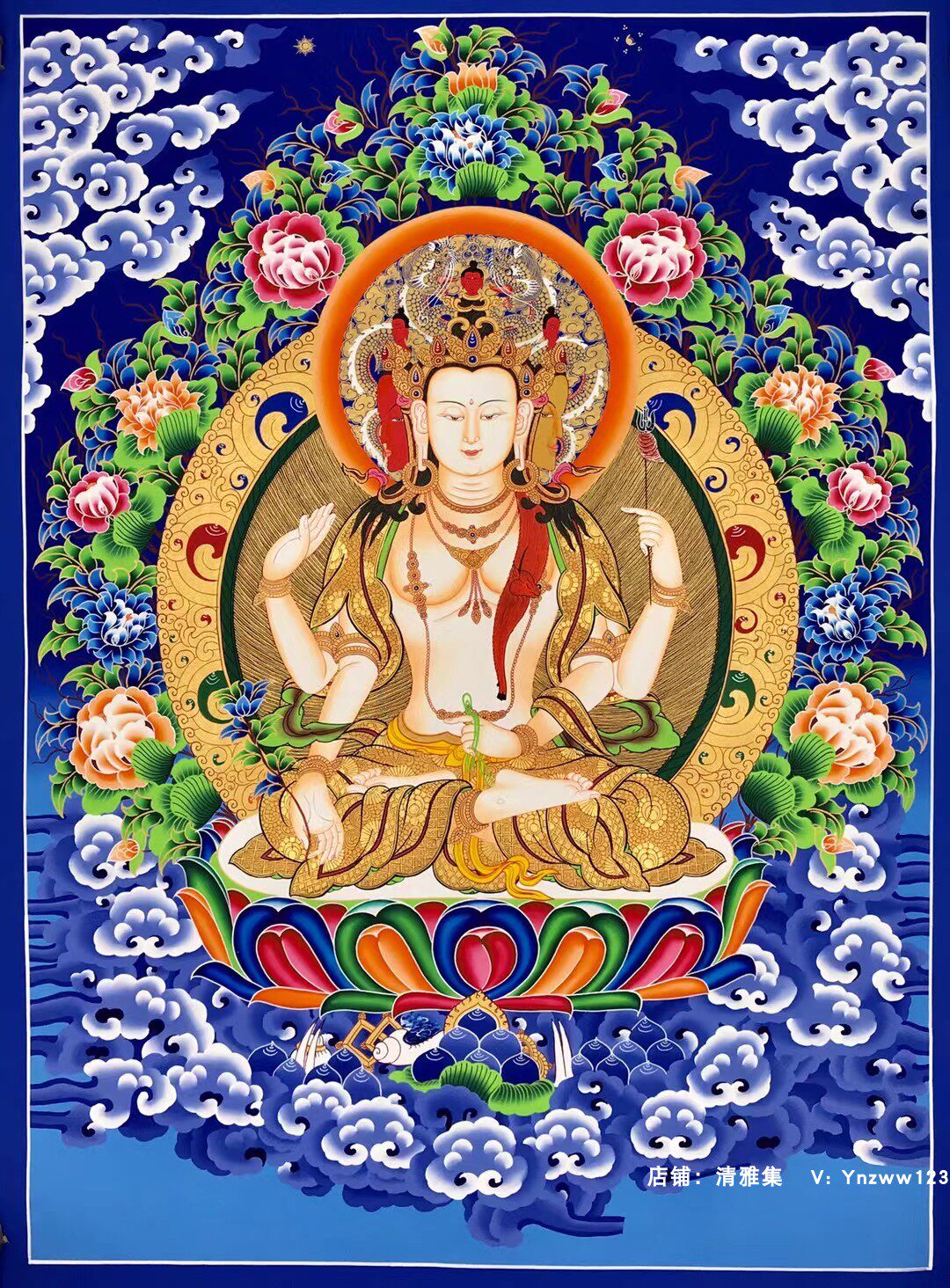 收藏级纯金蓝唐不空绢索观音尼泊尔纯手绘藏族手工唐卡挂画