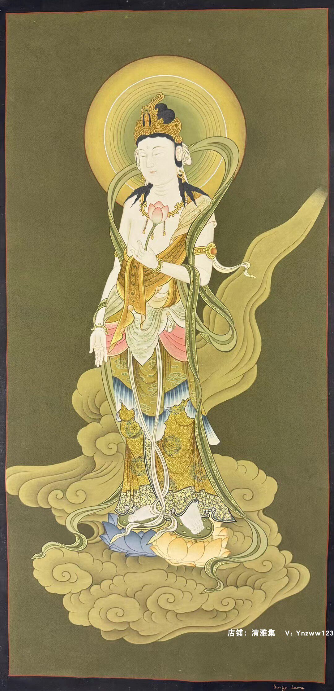 馆藏级东密风格持莲观音尼泊尔纯手绘唐卡挂画观音菩萨