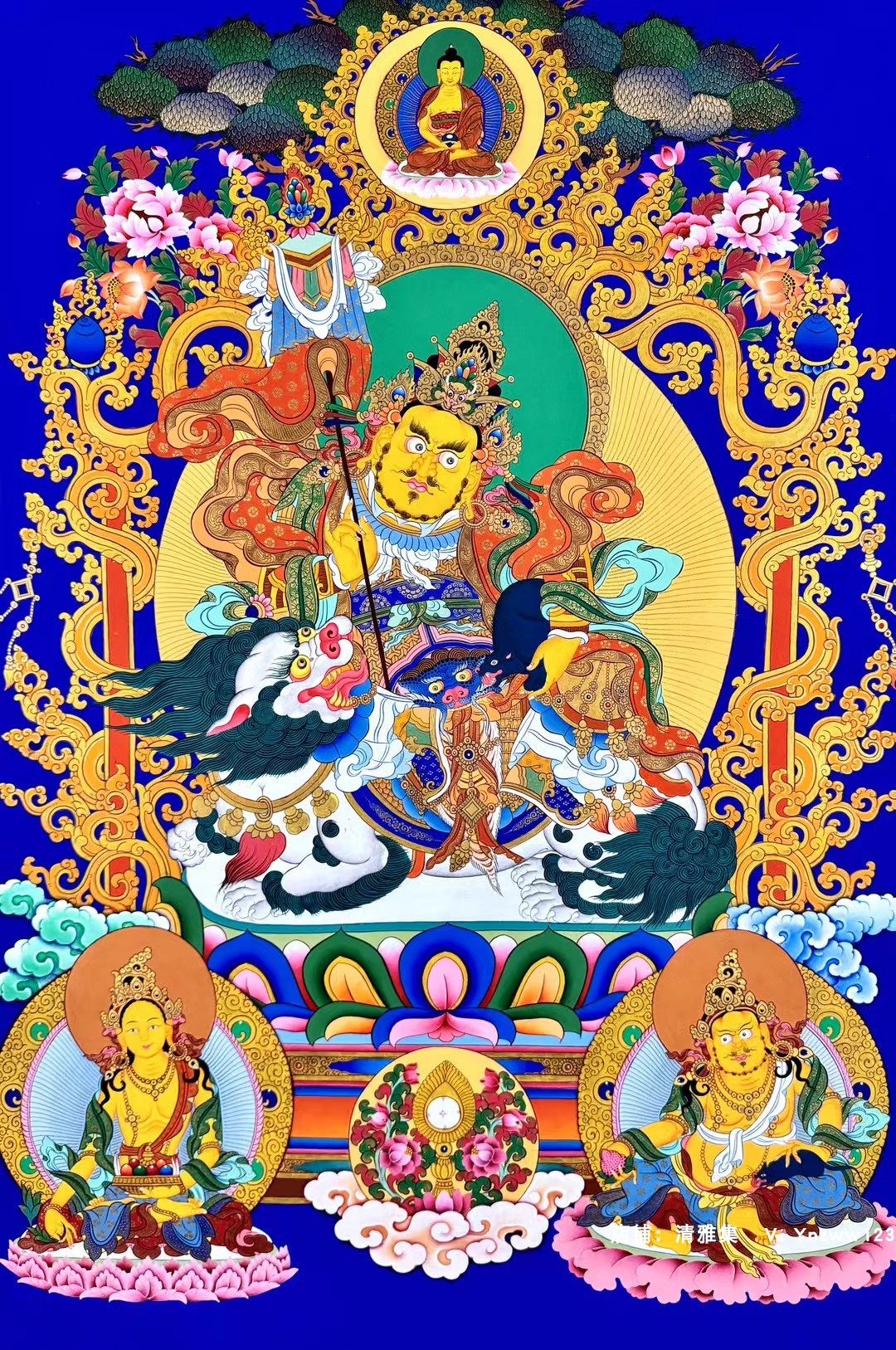 收藏级纯金蓝唐财宝天王尼泊尔纯手绘藏族手工唐卡挂画