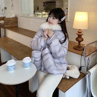 羊毛卷领手套紫色轻薄羽绒服