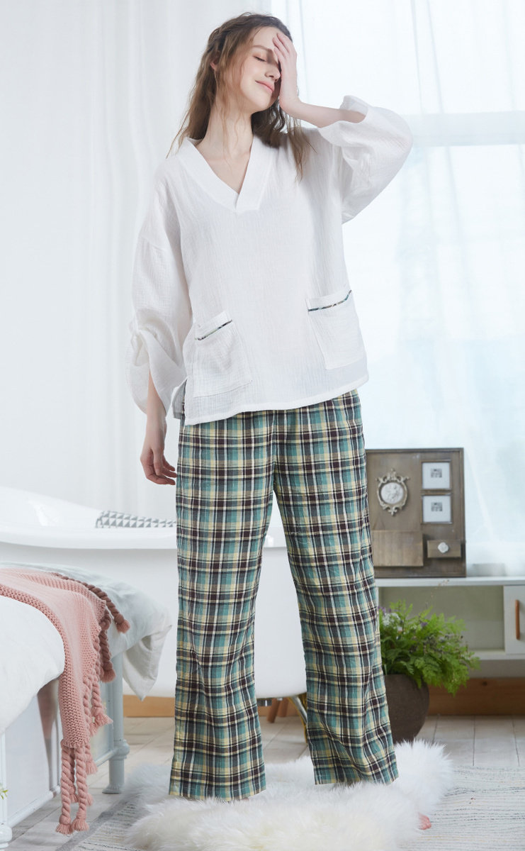纱布家居服v领上衣 格仔长裤两件套宅公主睡衣女舒适纯棉秋装新款