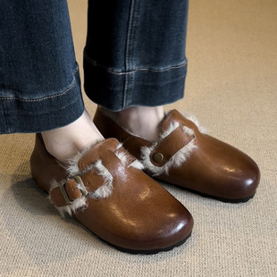 羊皮毛一体勃肯鞋女2026年冬季加绒新款平底毛毛棉鞋复古乐福鞋潮