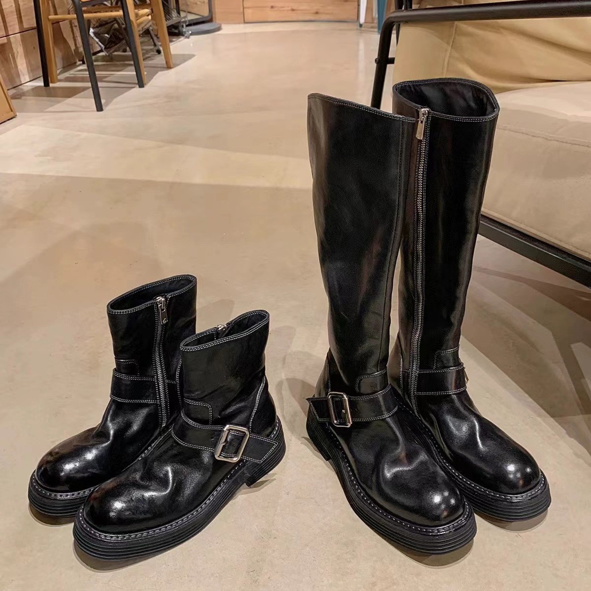 2025秋冬复古皮带扣马丁靴厚底水洗马皮圆头粗跟中筒靴子女长筒靴