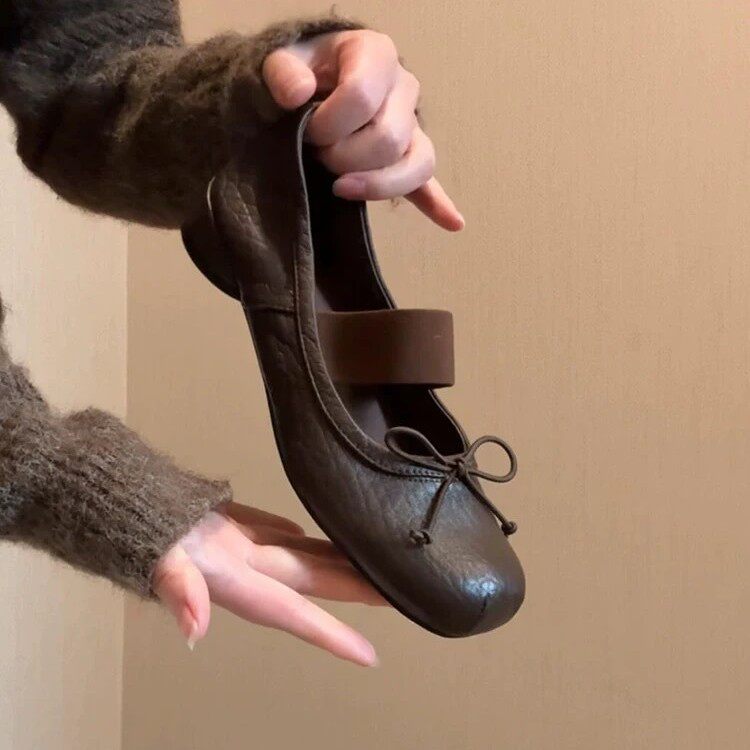 牛皮版~复古百搭蝴蝶结浅口一字带玛丽珍鞋女2026年春季粗跟单鞋