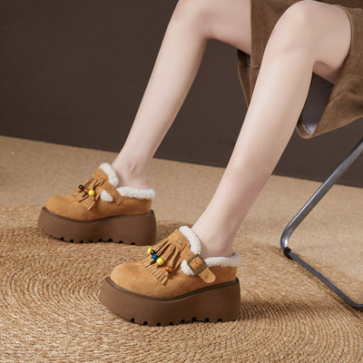 震地王包头半拖鞋女外穿2025冬季新款10cm厚底增高鞋加绒保暖勃肯