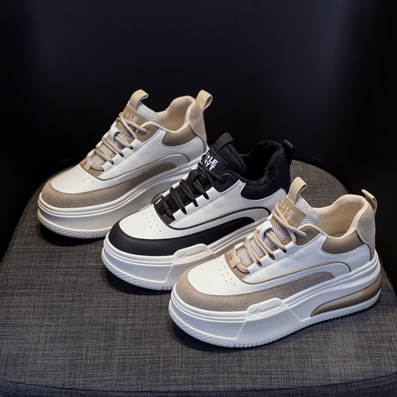 皮面厚底内增高小白鞋女2025年秋冬季加绒新款百搭运动休闲板鞋潮