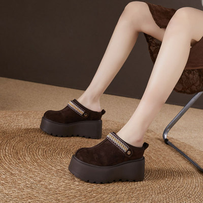 包头勃肯拖鞋女两穿2025冬新款保暖加绒半拖鞋10cm厚底内增高女鞋