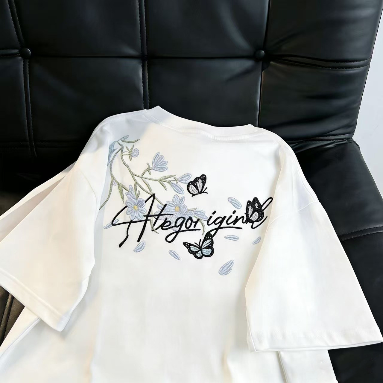 美式高级感清新刺绣兰花卉蝴蝶短袖t恤男夏爆款情侣宽松半袖上衣