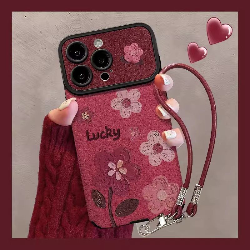 酒红油画小花适用苹果17promax手机壳新女款彩绘iphone16pro大视窗翻毛皮15pm小众高级感14全包防摔17保护套,3C数码配件,手机保护套/壳,淘宝优惠券,粉丝福利购,淘宝优惠卷