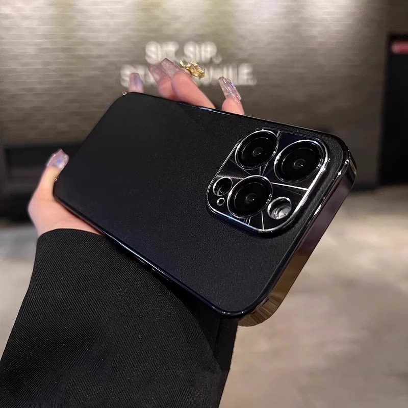 适用iPhone16promax手机壳新款皮纹电镀苹果15promax自带镜头膜14PM高档商务奢华13男女简约防摔保护套16pro