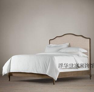 美国RH原单英式古典实木法式乡村复古橡木雕花床美式简约亚麻家具