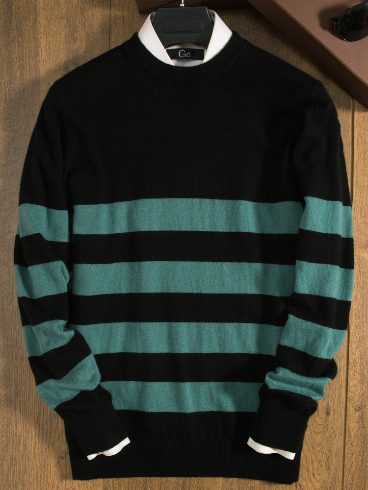 라운드 넥 남성용 겨울 따뜻한 풀오버 클래식 스트라이프 다용도 얇은 순수 캐시미어 스웨터 남성용 청록색 녹색 대비 스웨터