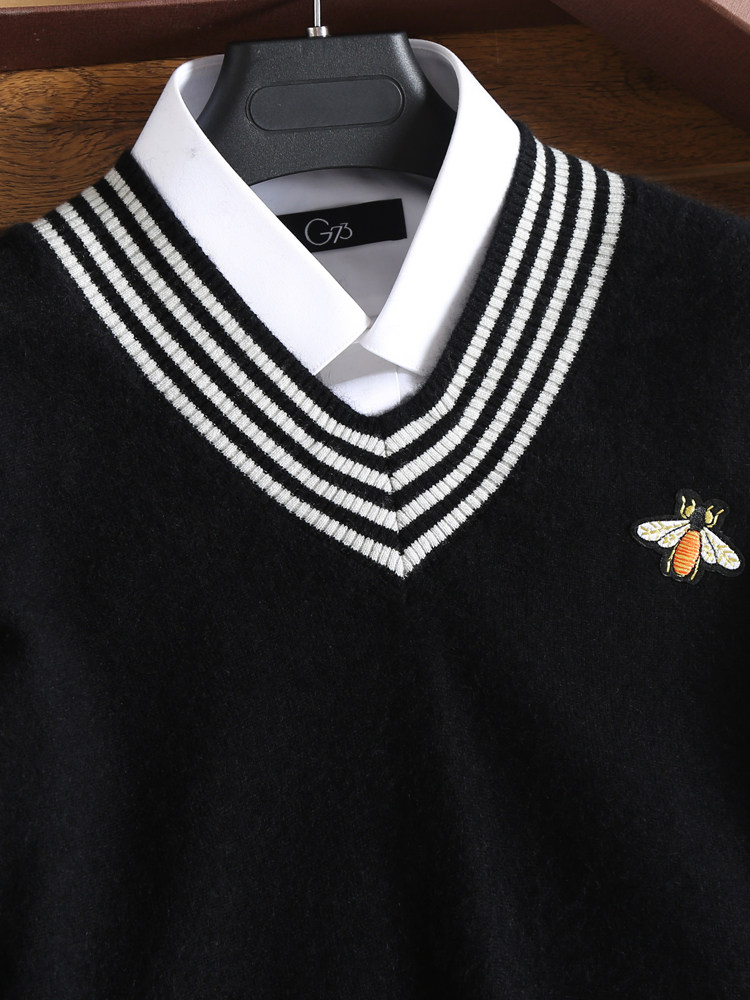 남성용 캐시미어 스웨터 100 순수 캐시미어 V 넥 가을 겨울 신작 풀오버 작은 꿀벌 자수 남성용 루즈 캐시미어 스웨터