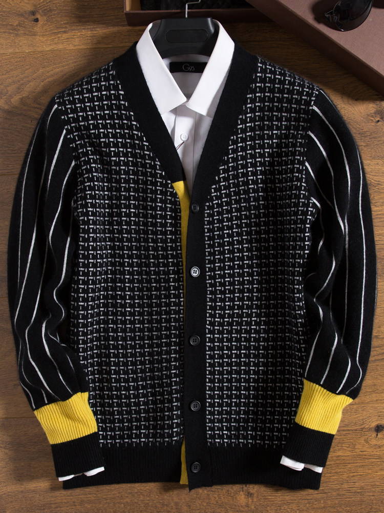 남성용 대비색 캐시미어 가디건 두꺼워지고 따뜻함 새로운 패셔너블한 청소년 순수 캐시미어 스웨터 남성용 가디건 재킷 유행