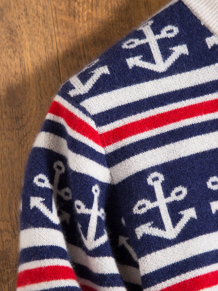 앵커 자카드 스웨터 남성용 겨울 트렌디 스트라이프 프리미엄 캐시미어 스웨터 남성용 100 퓨어 캐시미어 라운드 넥 두꺼워 짐