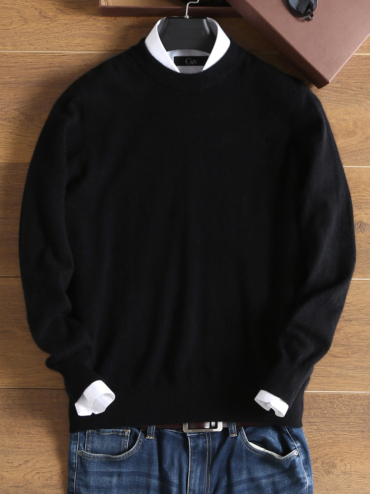 따뜻함을 지켜주는 베이직 이너 스웨터 솔리드 컬러 블랙 대형 라운드넥 밑단 셔츠 남성용 겨울 퓨어 캐시미어 스웨터